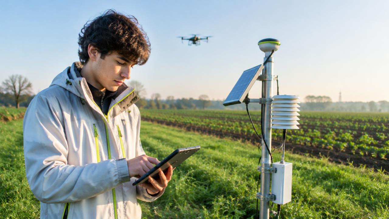 Uno studente di Agri Tech legge i dati dei sensori di campo con un drone in volo