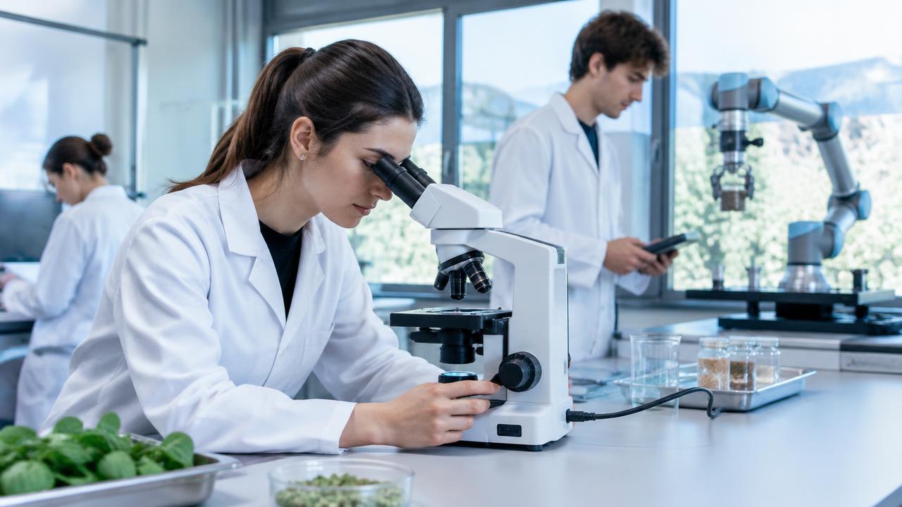 Studenti in camice al lavoro nei laboratori di Parma, tra microscopi e bracci robotici